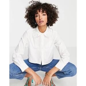 Other Stories cropped shirt with embroidered and beaded collar US 6 NWT (b39.5)